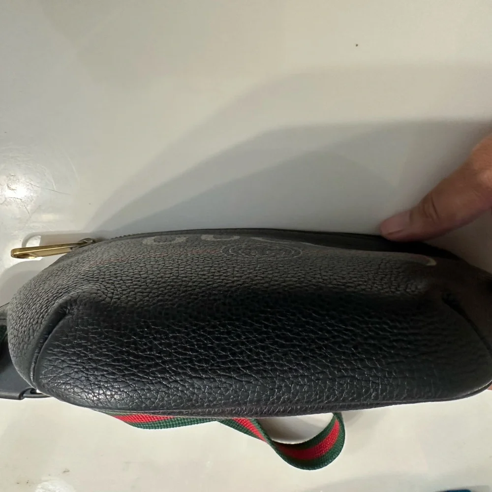 Gucci Black Leather Logo Belt Bag with Green-Red Web Strap - Picture 4 of 8